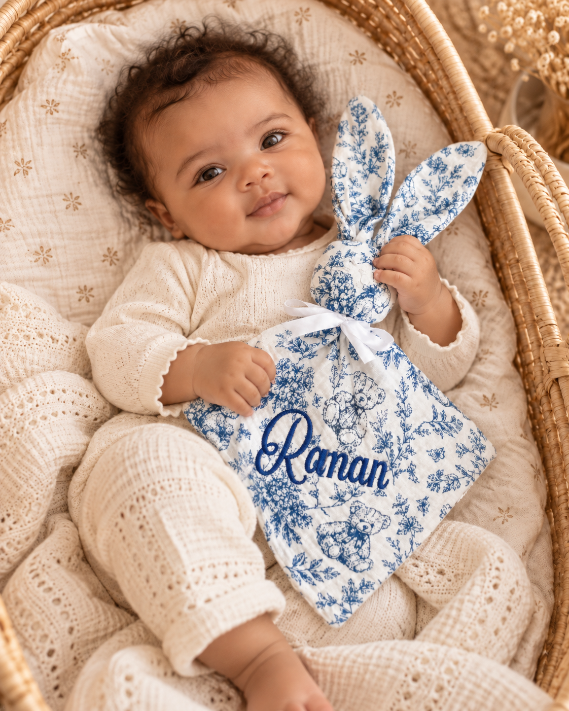 Doudou lapin personnalisé bébé en gaze de coton – Rêve d’Ourson