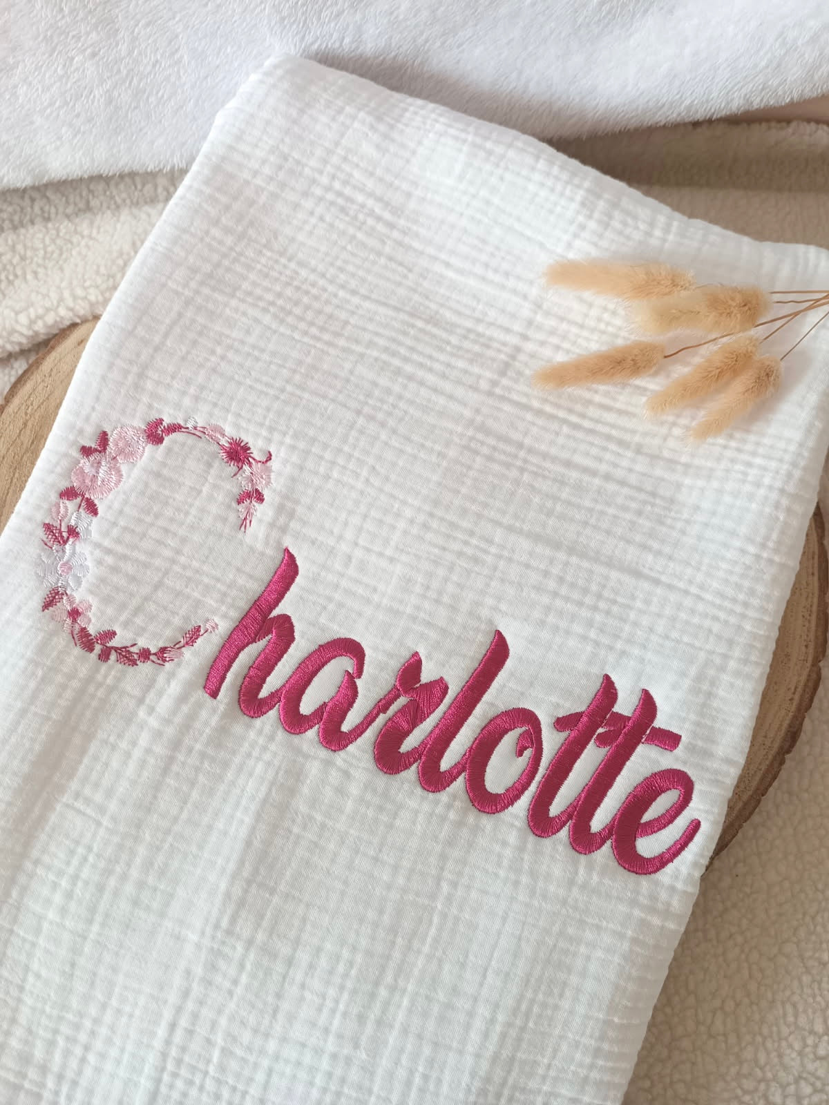 Couverture en gaze de coton et polaire blanc - personnalisable -