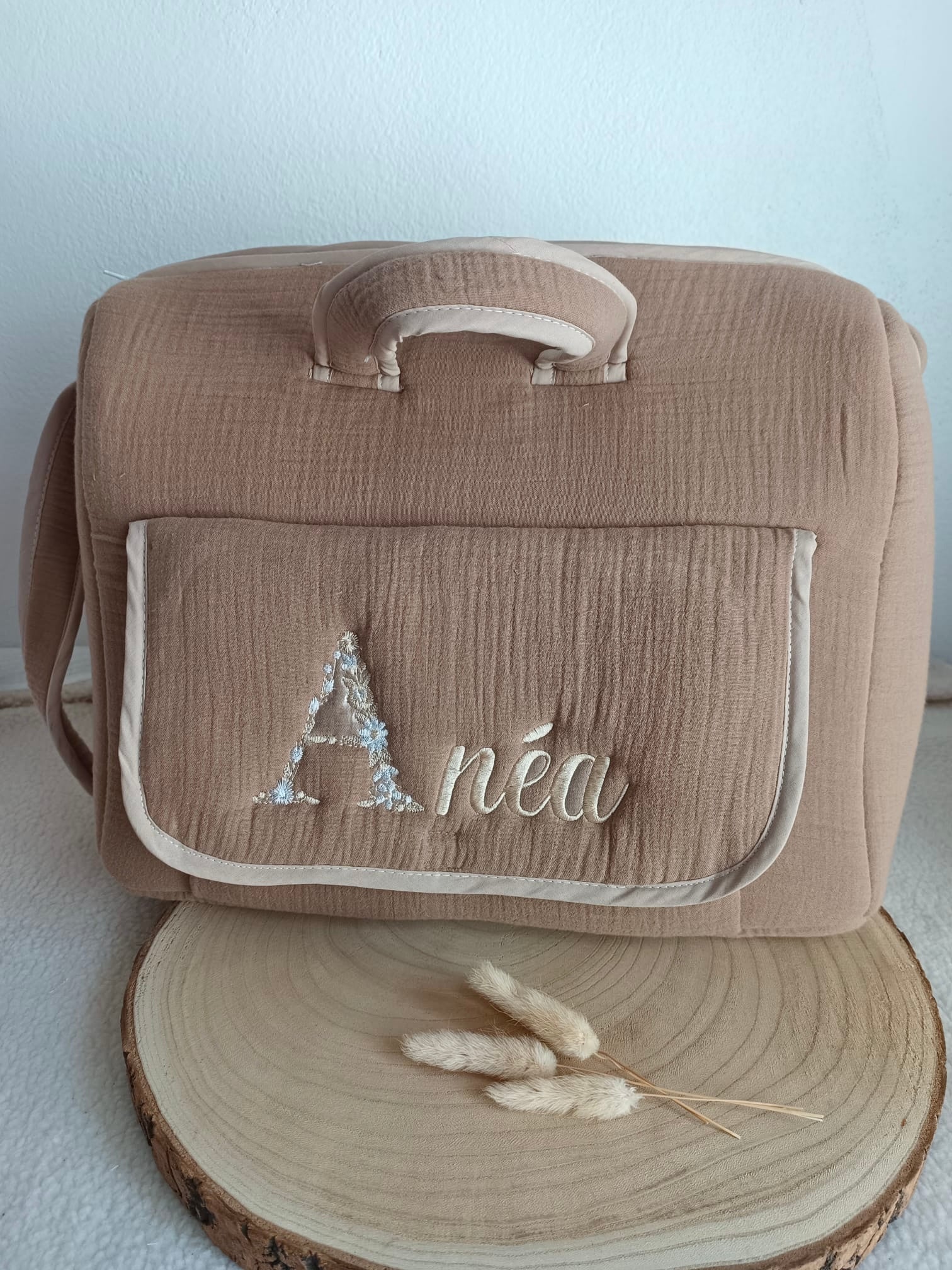 Sac à langer en gaze de coton marron - personnalisable -