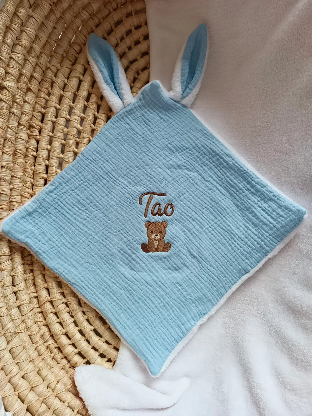 Doudou lange personnalisé bébé en gaze de coton