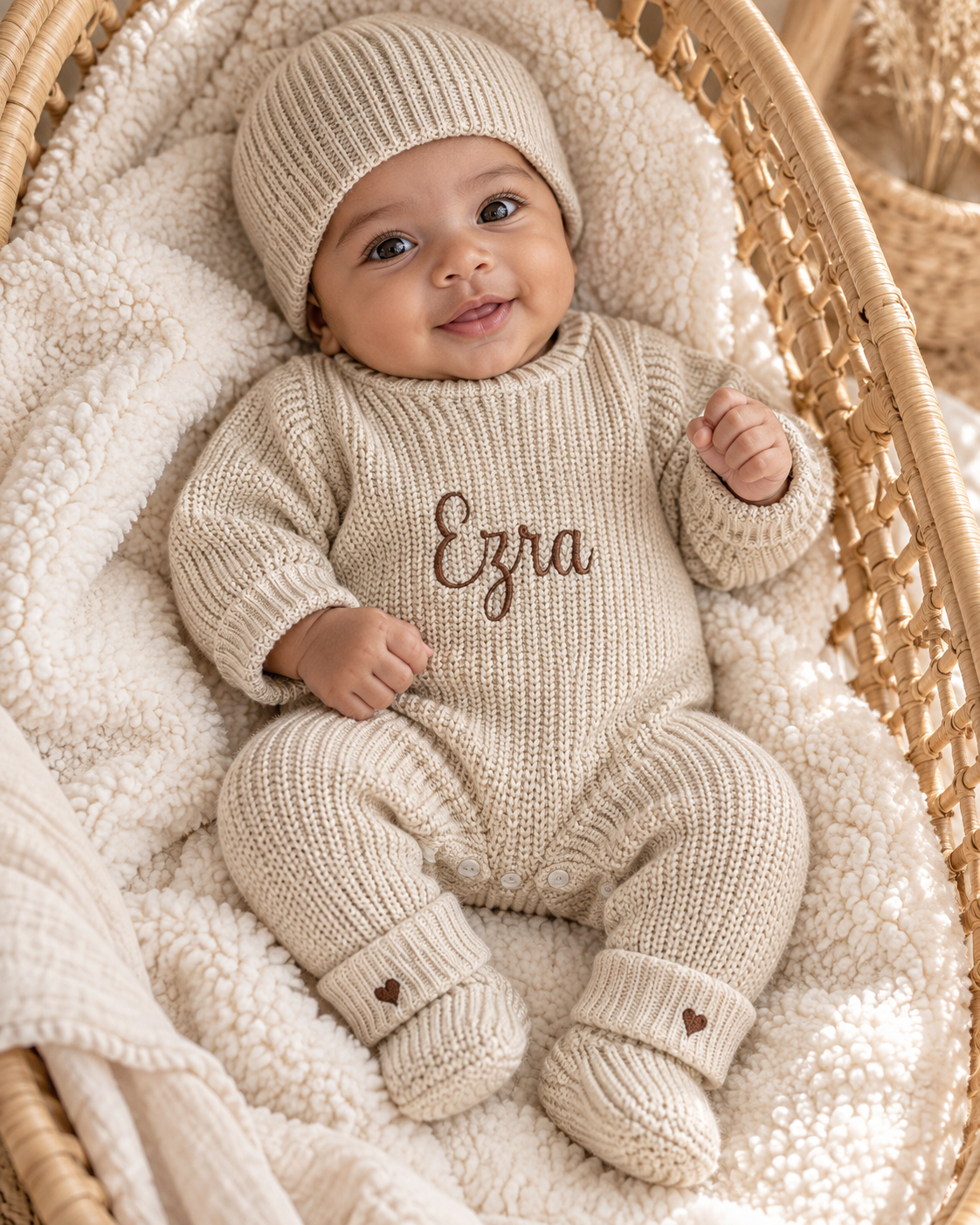 Combinaison naissance personnalisée en maille – ensemble 3 pièces