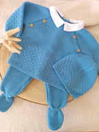 Ensemble complet naissance bleu denim 0/3 mois avec boutons bois