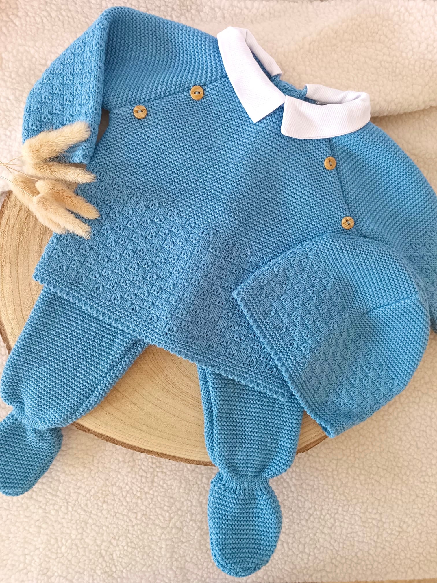 Ensemble complet naissance bleu denim 0/3 mois avec boutons bois