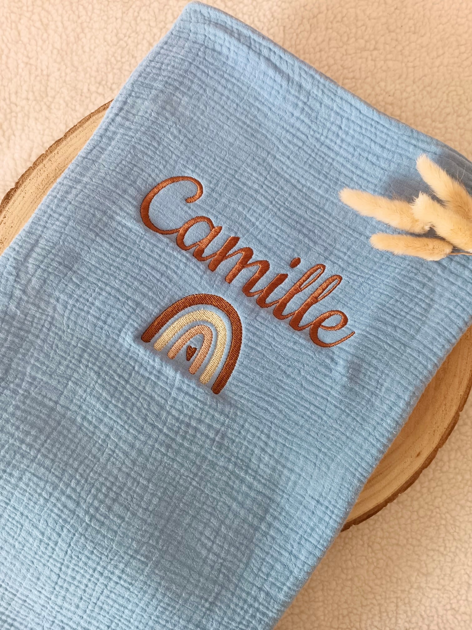 Couverture en gaze de coton et polaire bleu denim - personnalisable -