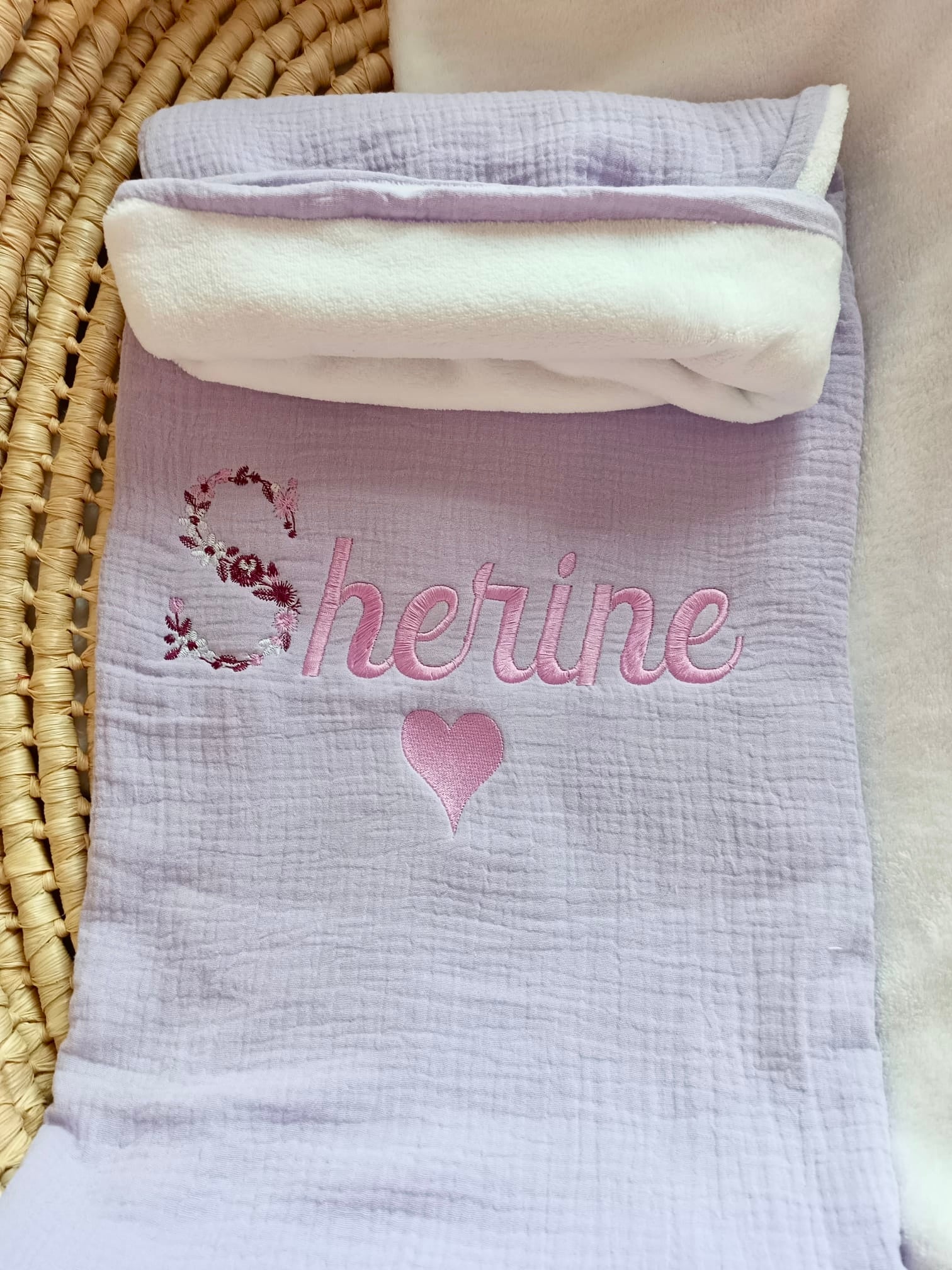 Couverture en gaze de coton et polaire Lila - personnalisable -