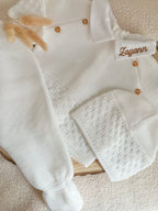 Ensemble complet naissance blanc 0/3 mois avec boutons bois