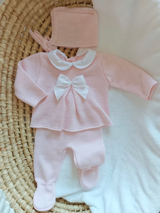 Ensemble complet rose avec noeud satiné blanc 0/3 mois