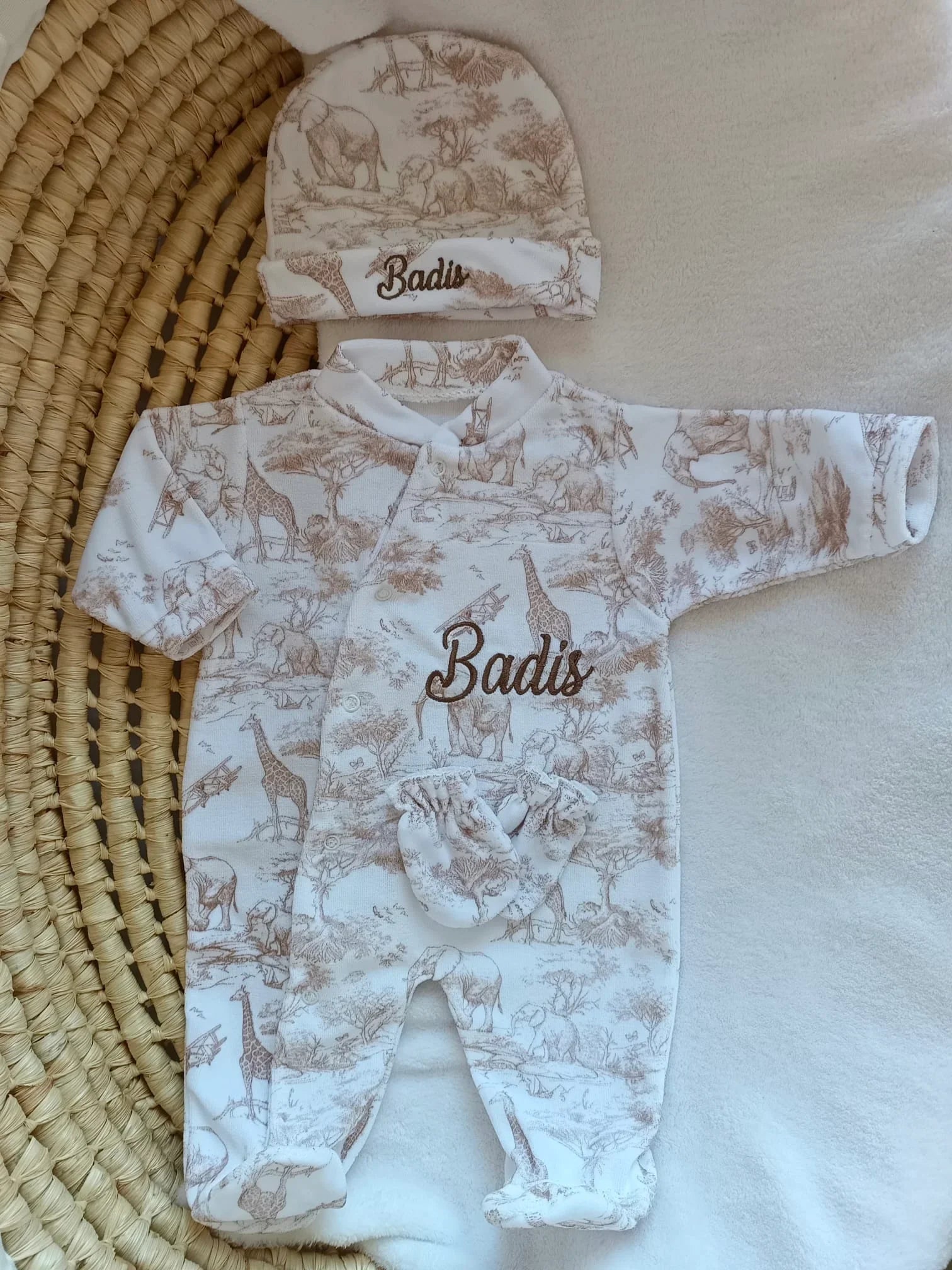 Pyjama bébé velours 3 pièces personnalisé – Safari