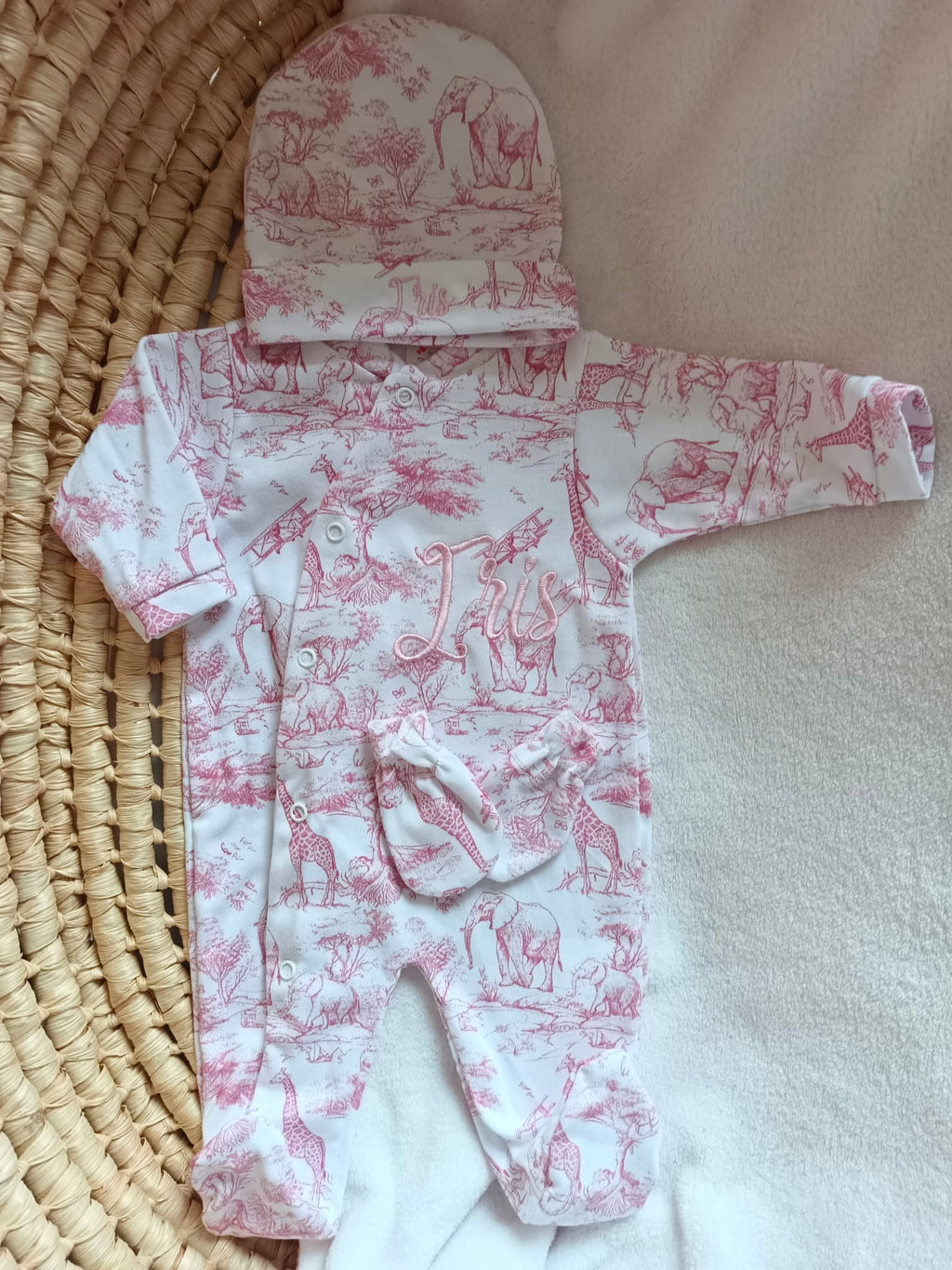 Pyjama naissance personnalisé bébé – 3 pièces, 100 % coton, Collection Safari