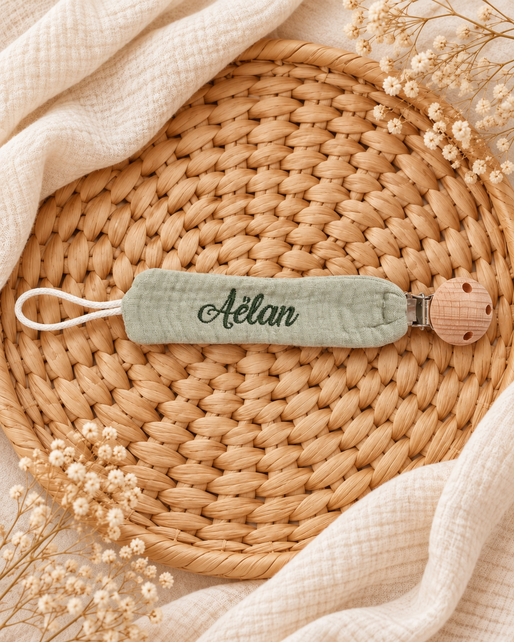 Attache-tétine personnalisée bébé en gaze de coton