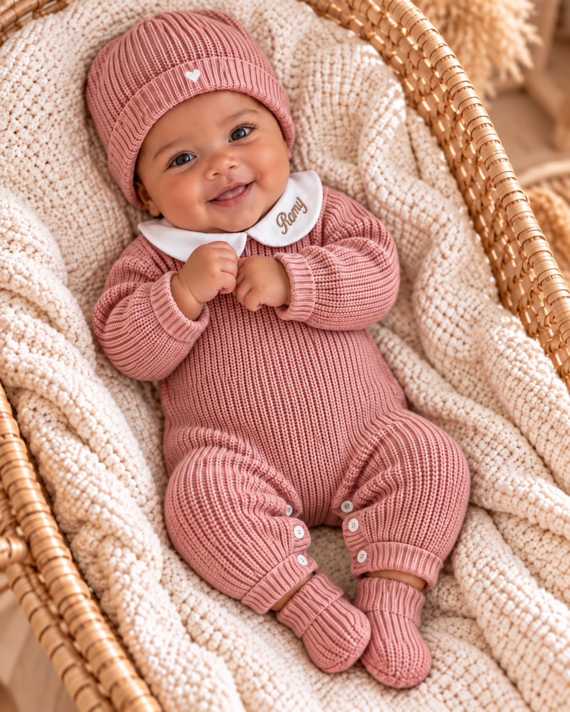 Combinaison naissance personnalisée en maille avec col – ensemble 3 pièces