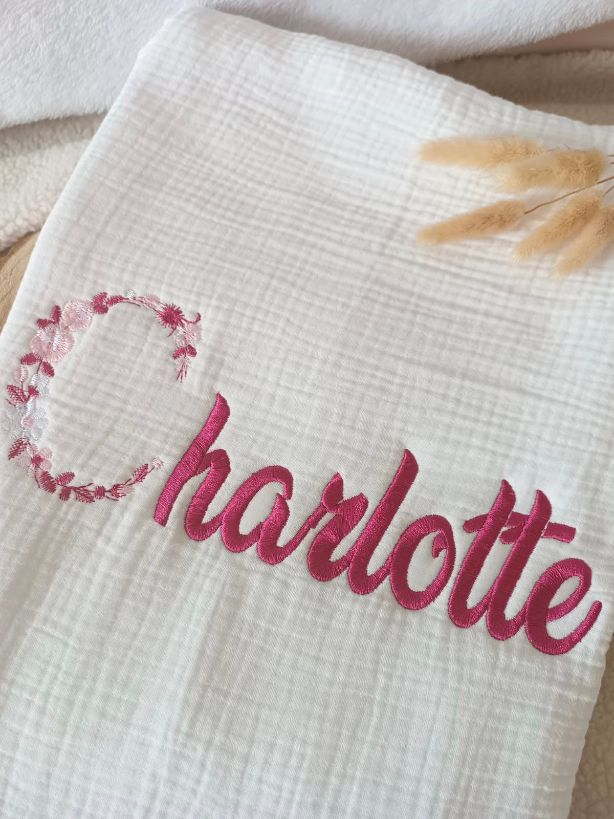 Couverture en gaze de coton et polaire blanc - personnalisable -