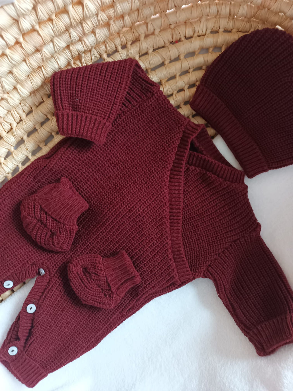Combinaison maille bordeaux, croisé, 0/3 mois, 3 pièces - personnalisable -