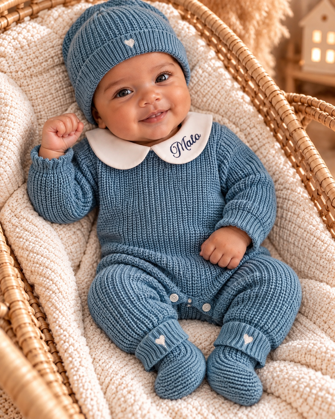 Combinaison naissance personnalisée en maille avec col – ensemble 3 pièces