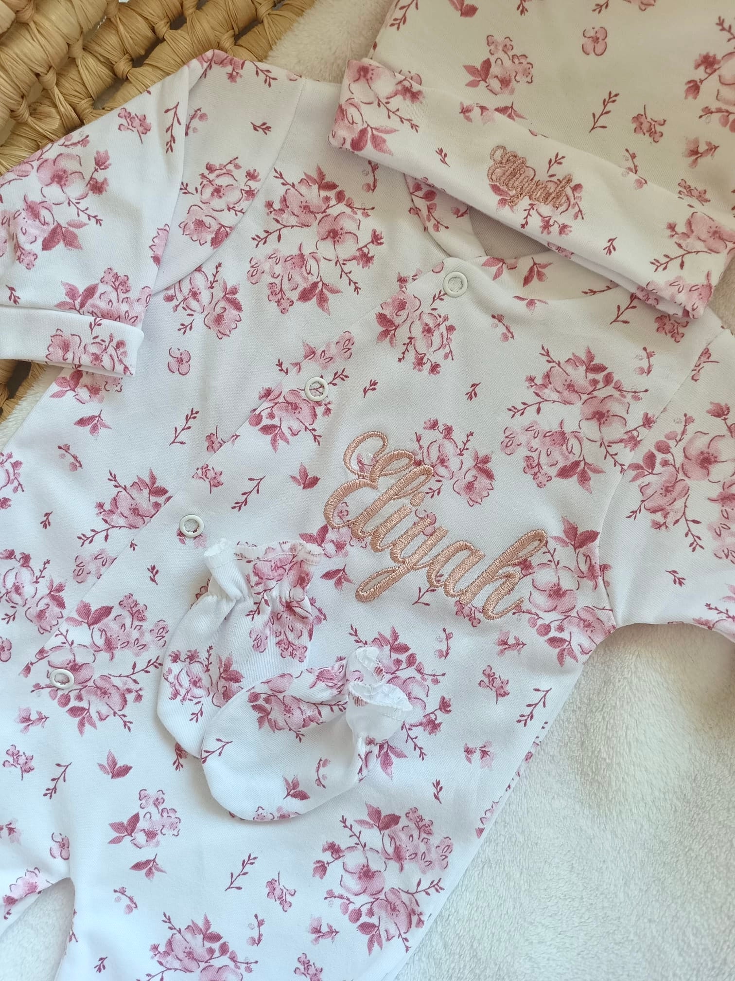 Personalized newborn pajama set – 3 pieces, 100% cotton, Cotton Flowers