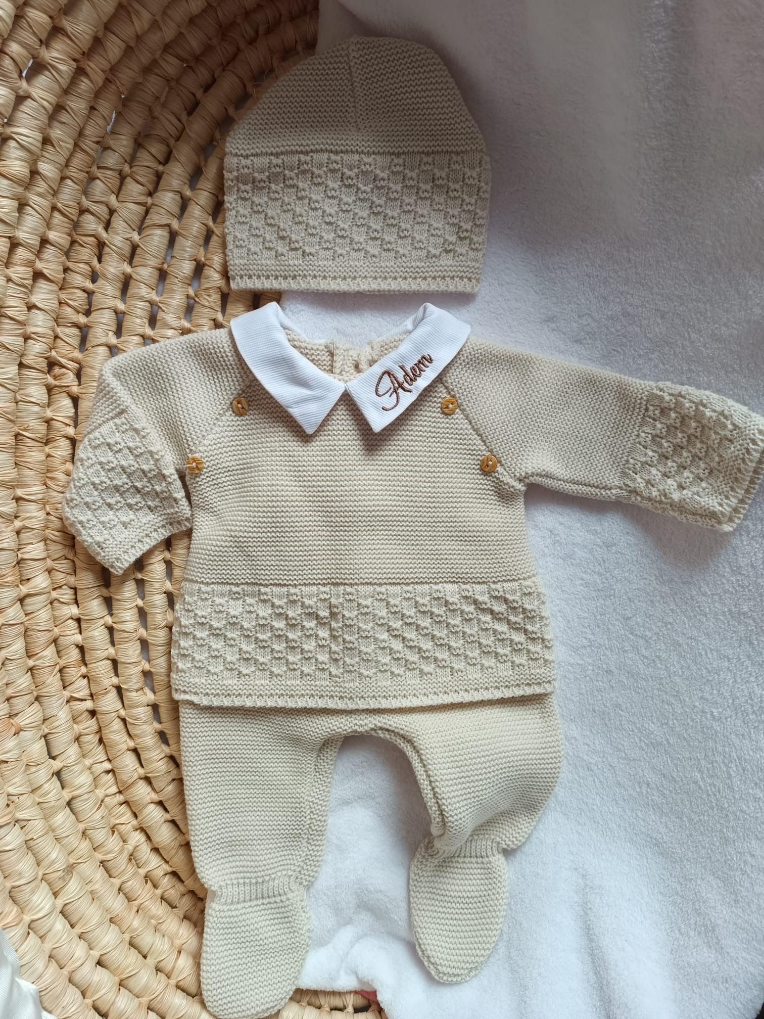 Ensemble naissance en maille personnalisé - Petit Trésor