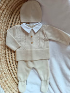 Ensemble complet beige boutons bois 0/3 mois