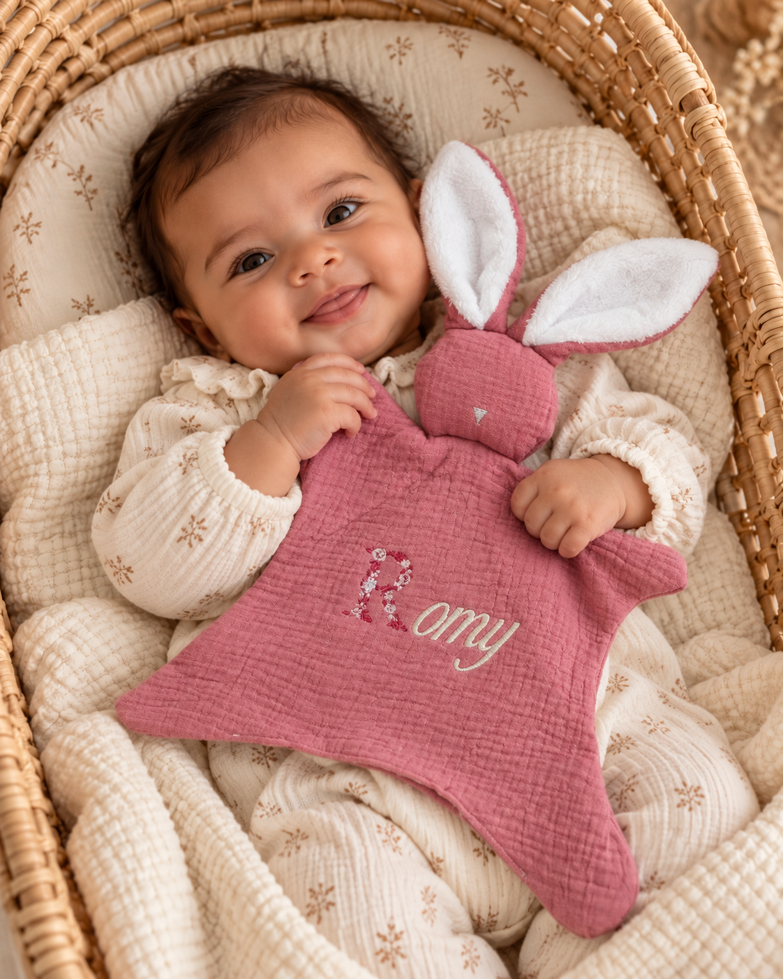 Doudou lapin personnalisé bébé en gaze de coton