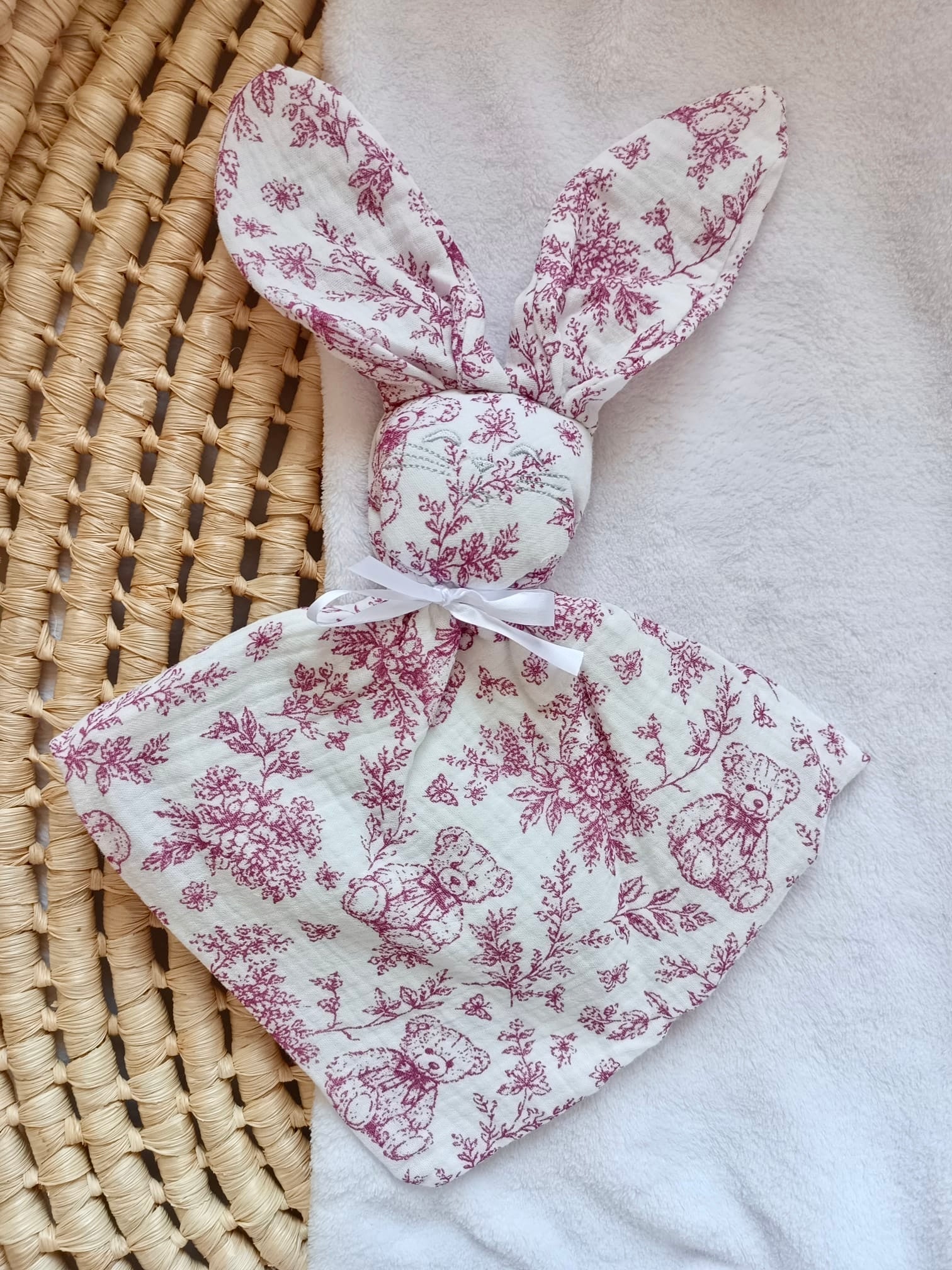 Doudou lapin bébé personnalisé en gaze de coton - Rêve d'Ourson