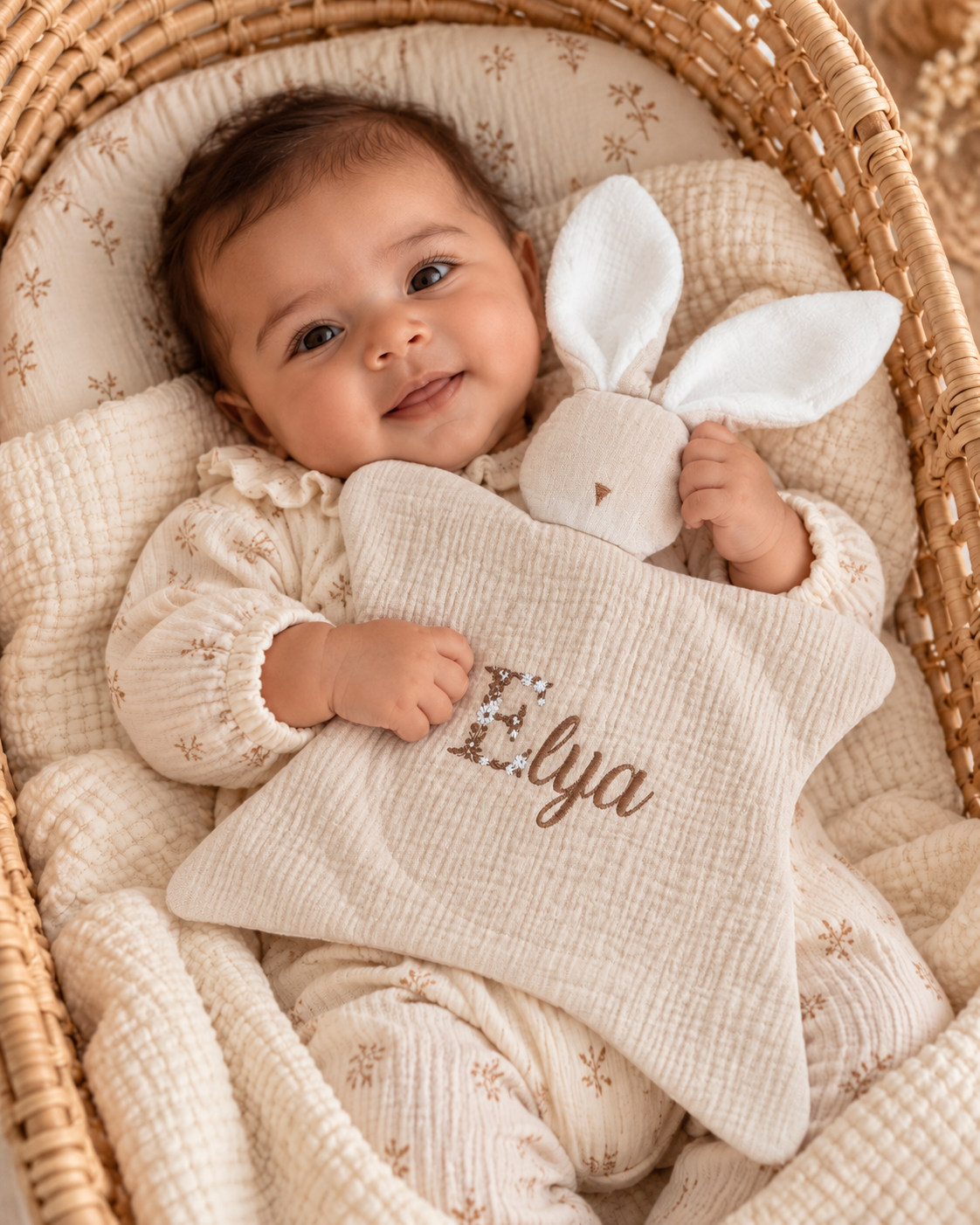 Doudou lapin personnalisé bébé en gaze de coton