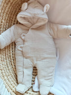 Combinaison pilote en gaze de coton beige avec oreilles - intérieur polaire - personnalisable - 0/3 mois -