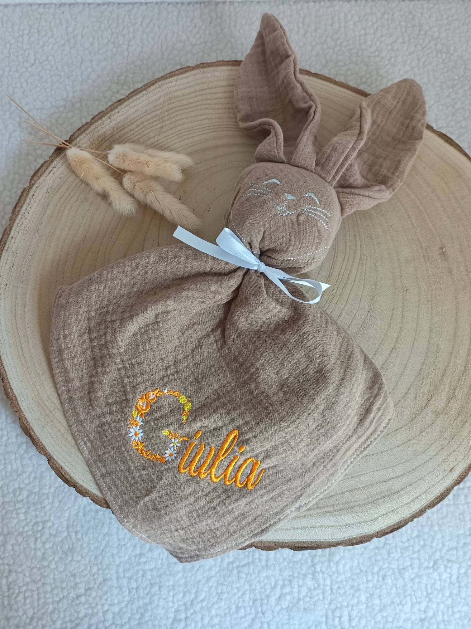 Doudou lapin en gaze de coton marron