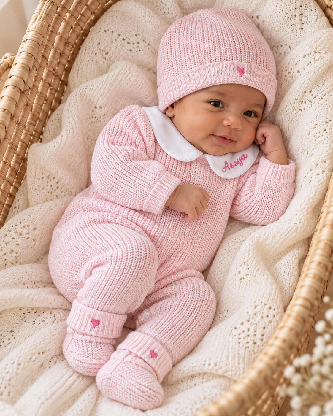 Combinaison naissance personnalisée en maille avec col – ensemble 3 pièces