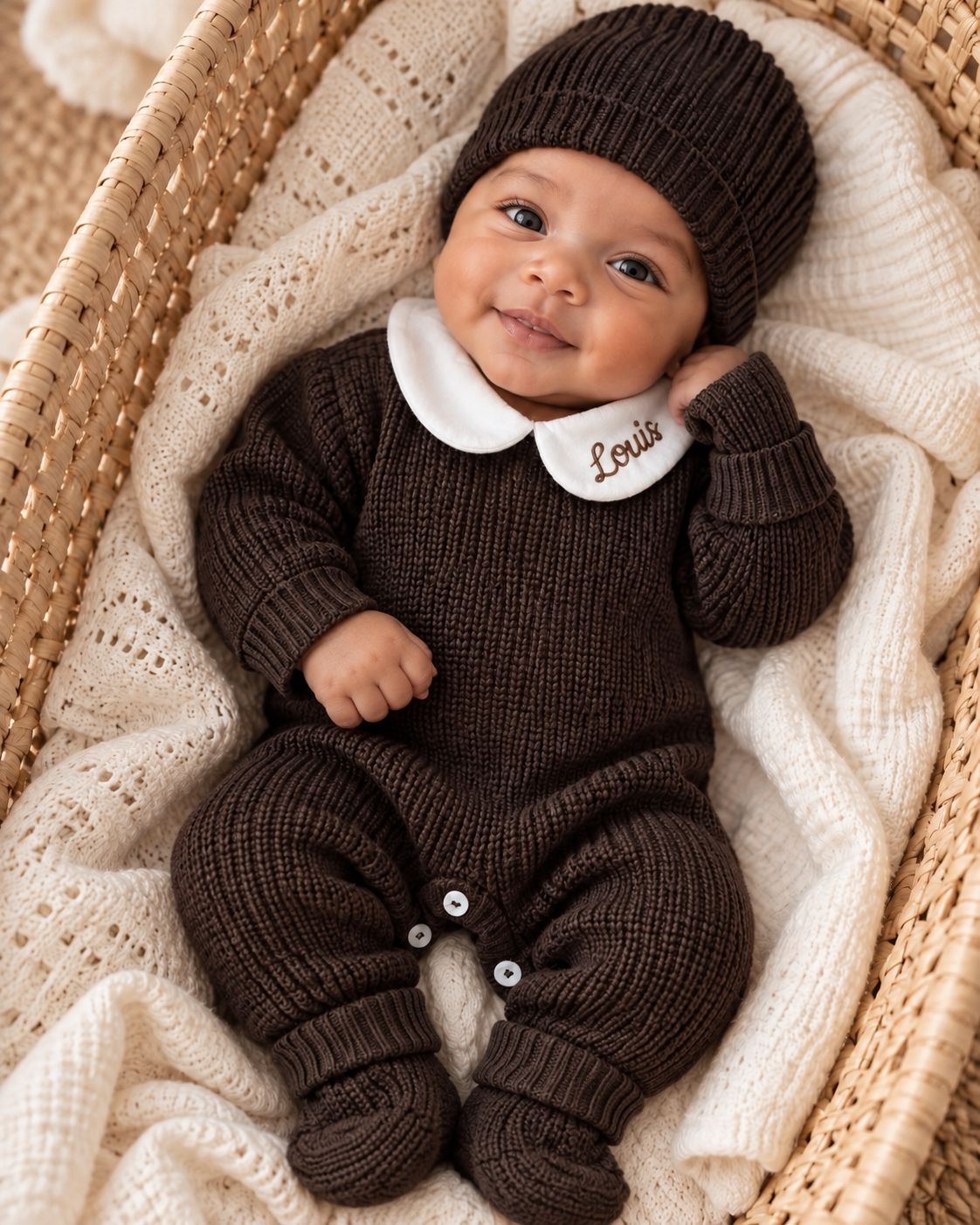 Combinaison naissance personnalisée en maille avec col – ensemble 3 pièces