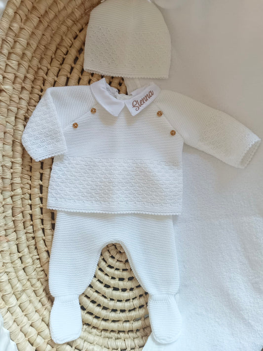 Ensemble complet naissance blanc 0/3 mois avec boutons bois