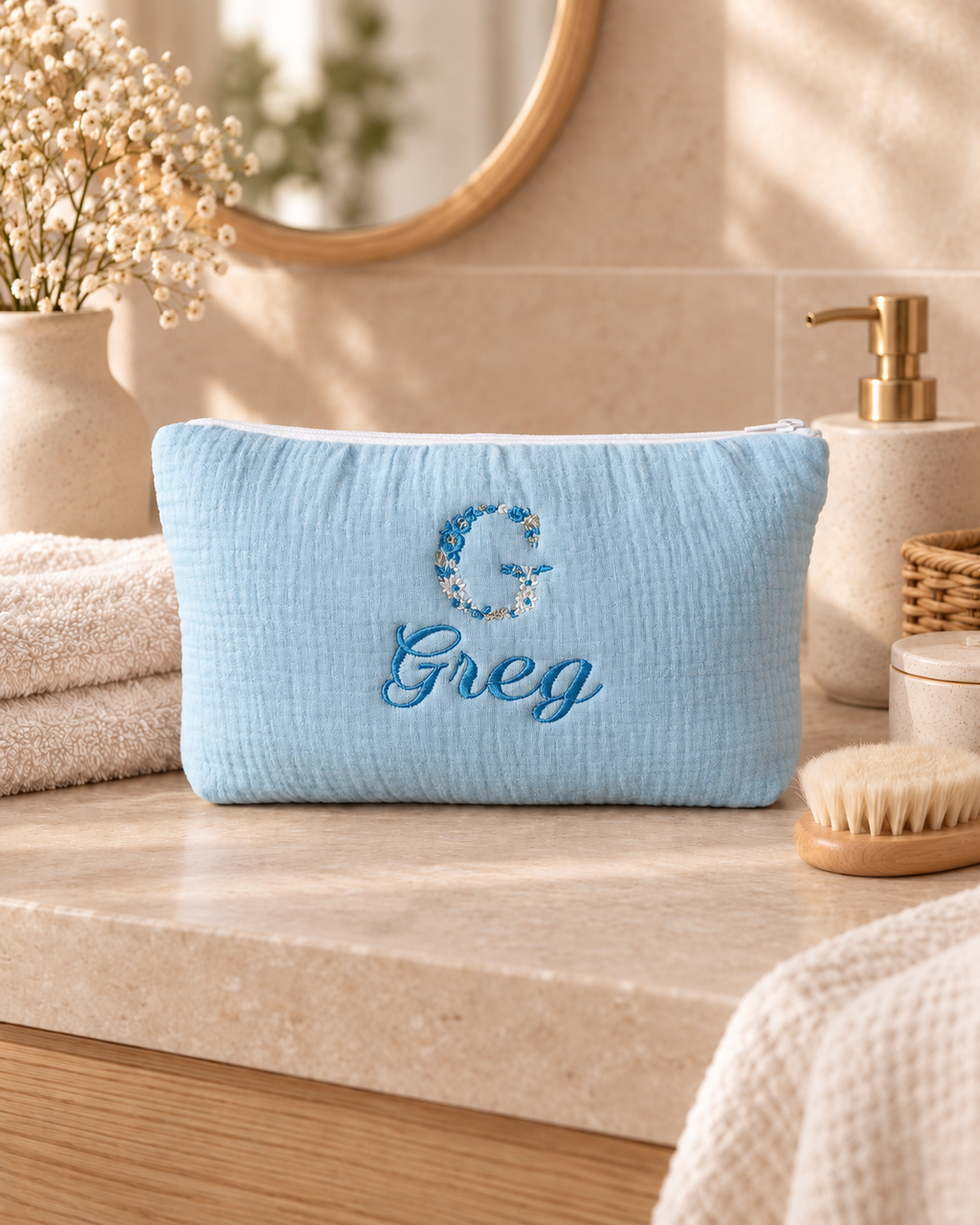 Trousse personnalisée bébé en gaze de coton