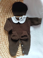 Combinaison maille marron avec col blanc - 0/3 mois - personnalisable