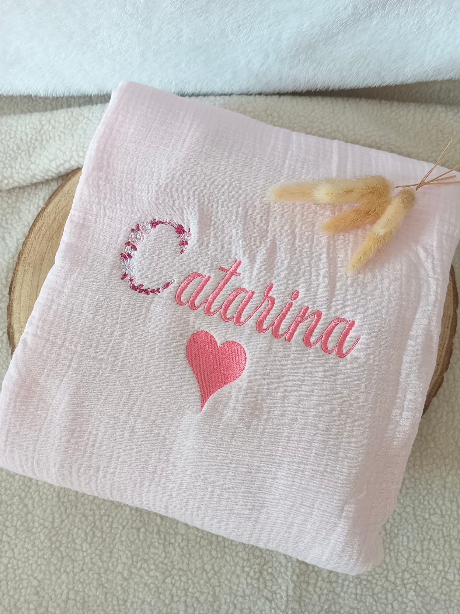 Couverture en gaze de coton et polaire rose - personnalisable -
