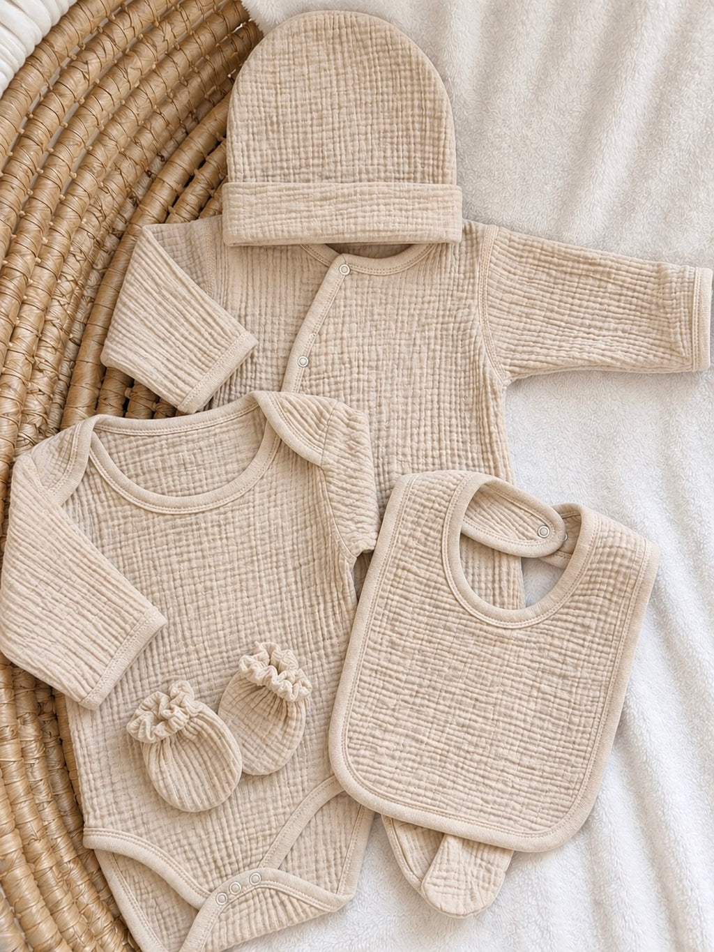 Pyjama naissance personnalisé bébé – 5 pièces en gaze de coton