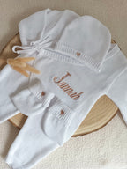 Combinaison blanche 100% coton, 3 pièces, 0/3 mois - personnalisable -