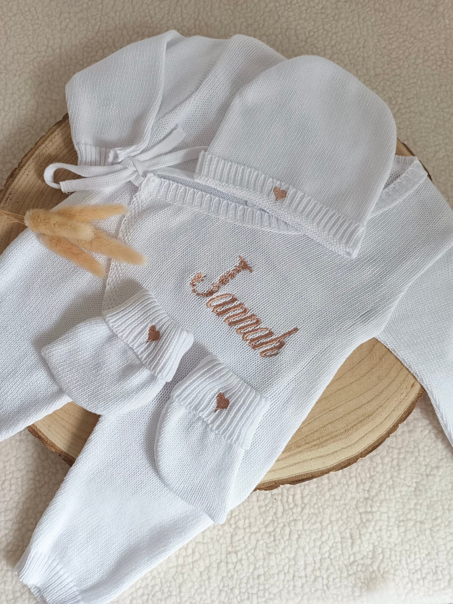 Combinaison blanche 100% coton, 3 pièces, 0/3 mois - personnalisable -