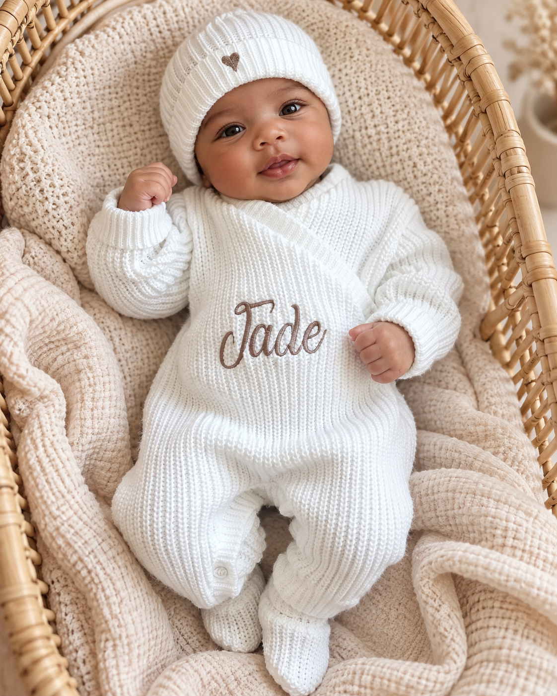 Combinaison naissance personnalisée en maille croisée – ensemble 3 pièces