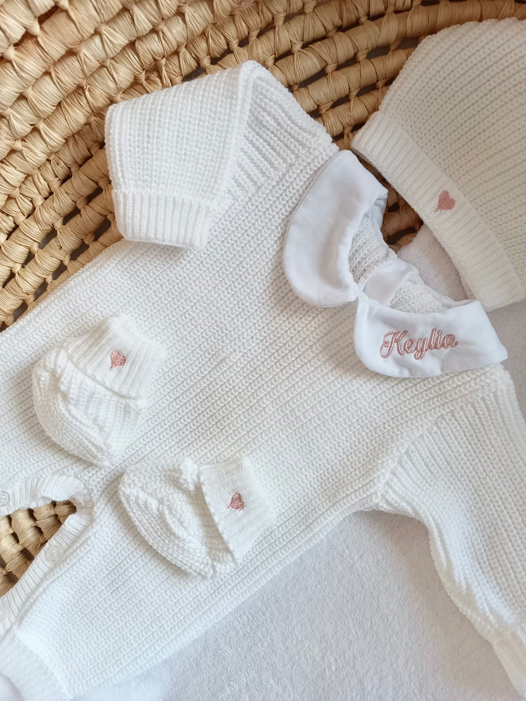 Combinaison maille blanc avec col blanc - 0/3 mois 3/6 mois et 9/12 mois - personnalisable
