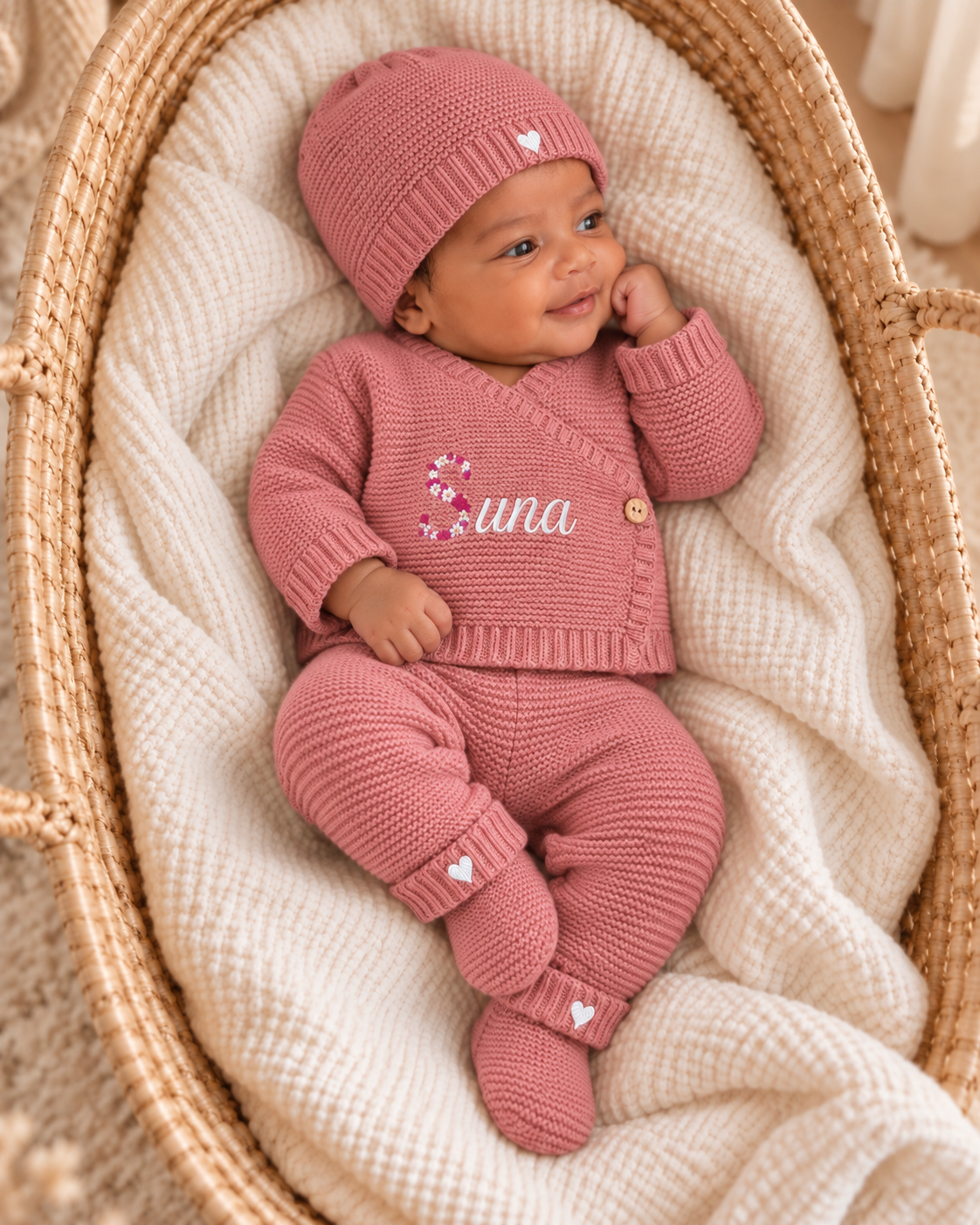 Ensemble naissance personnalisé 4 pièces en maille – lettre fleurie