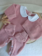 Combinaison maille vieux rose avec col blanc - 0/3 mois - personnalisable