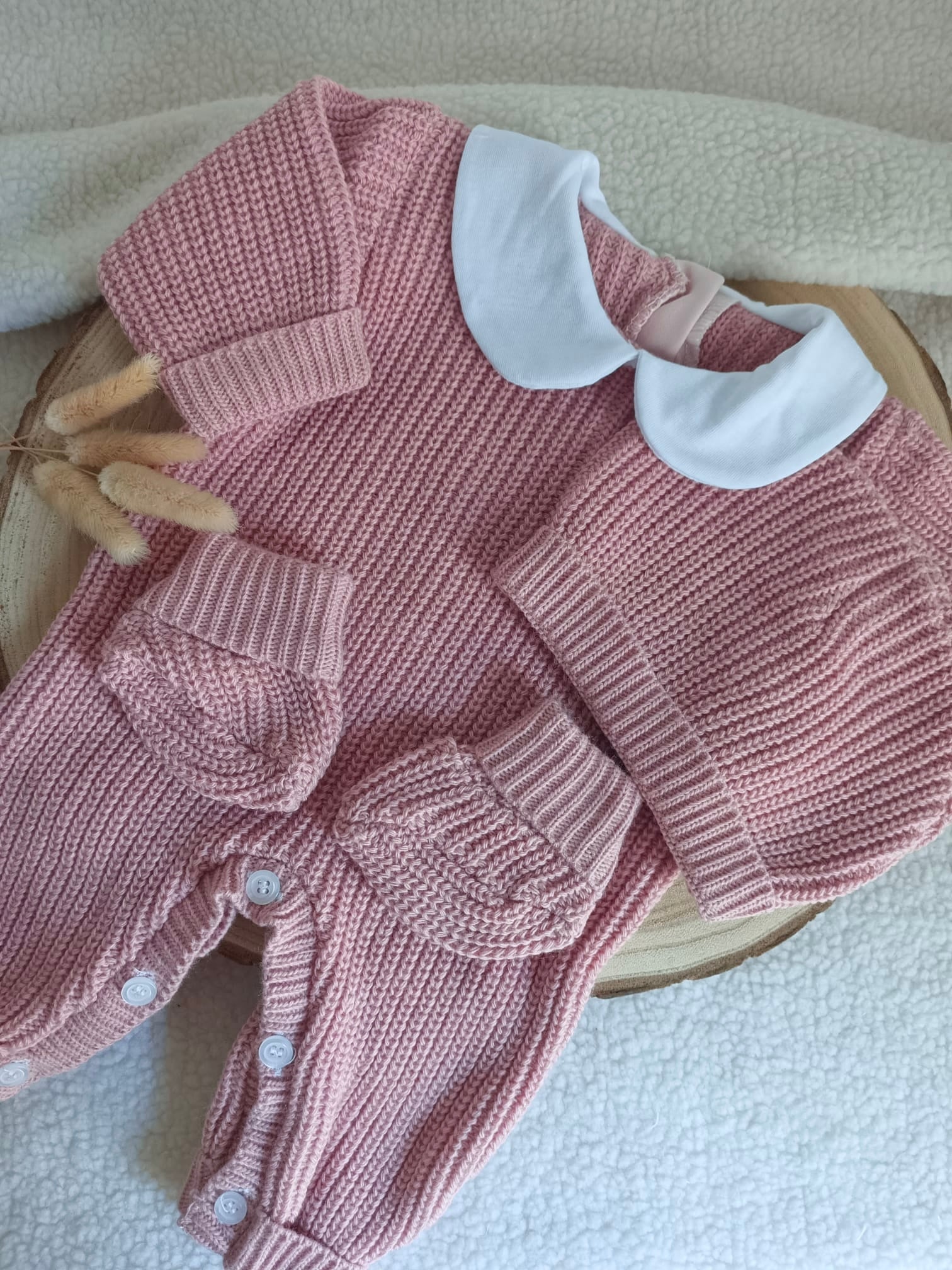 Combinaison maille vieux rose avec col blanc - 0/3 mois - personnalisable