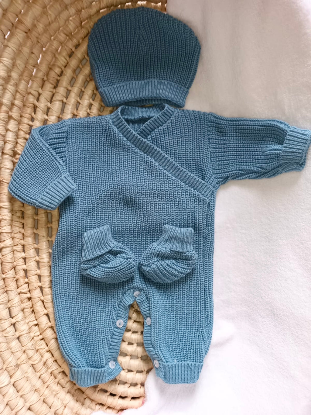 Combinaison maille bleuté, croisé, 0/3 mois, 3 pièces - personnalisable -