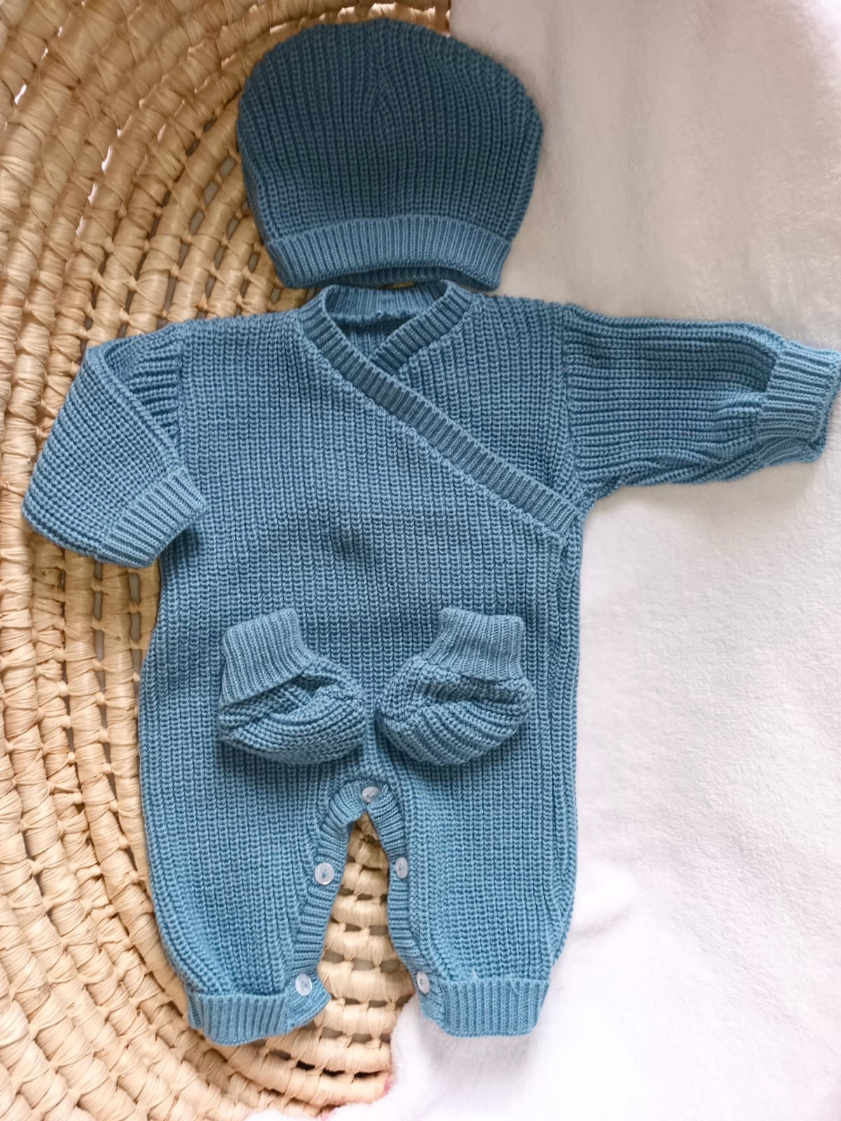 Combinaison maille bleuté, croisé, 0/3 mois, 3 pièces - personnalisable -