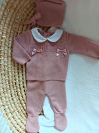 Ensemble complet vieux rose avec 2 nœuds satiné vieux rose 0/3 mois