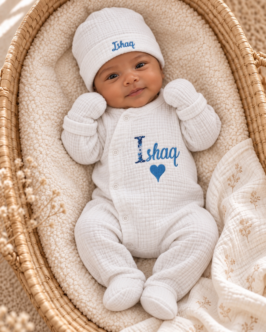 Pyjama naissance personnalisé bébé – 3 pièces en gaze de coton