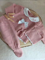 Ensemble complet vieux rose/blanc avec noeud satiné blanc 0/3 mois