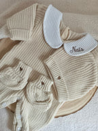 Combinaison maille beige avec col blanc - 0/3 mois - personnalisable