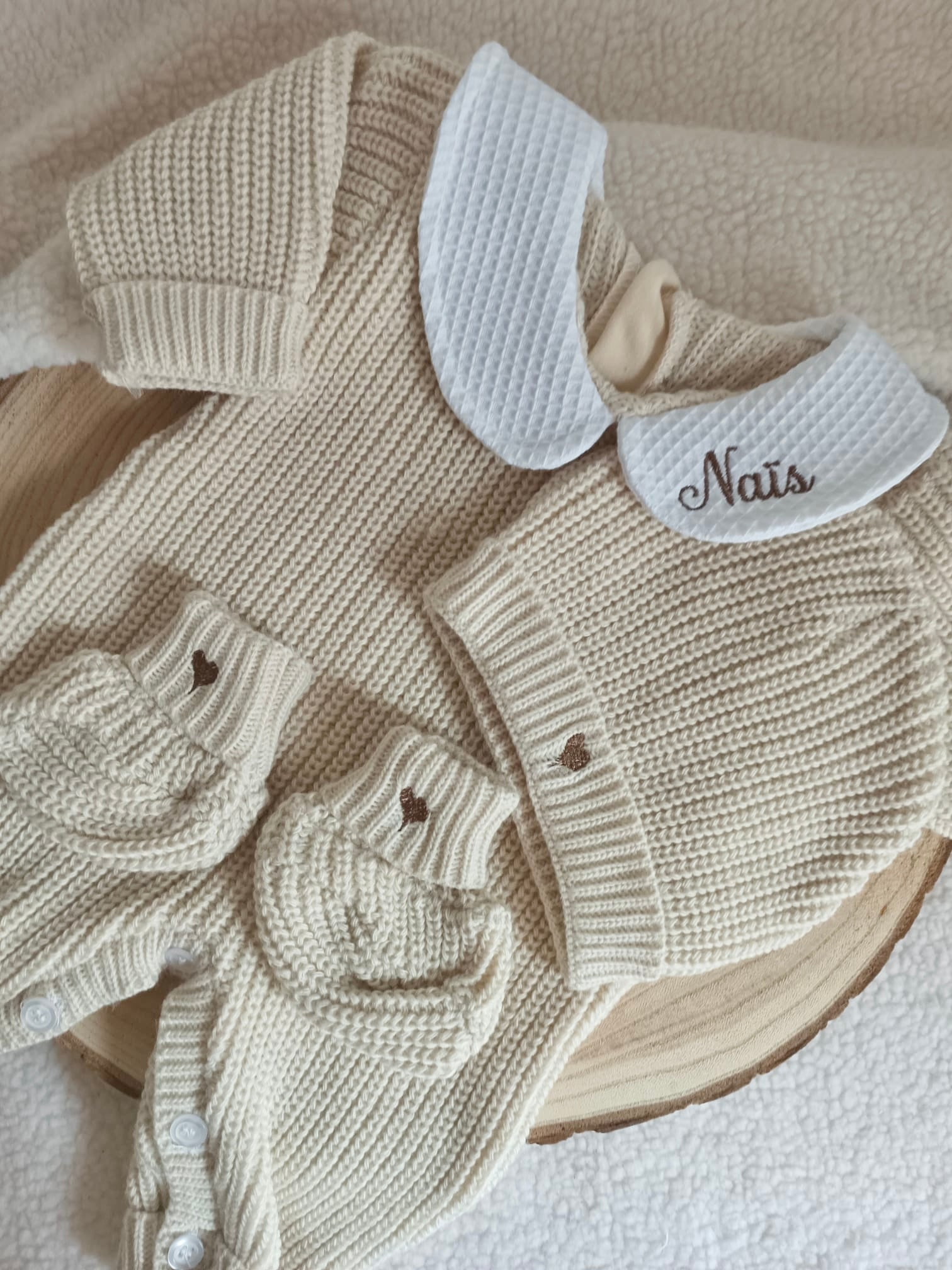 Combinaison maille beige avec col blanc - 0/3 mois - personnalisable