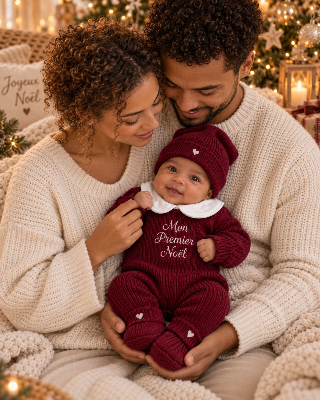 Combinaison maille MON PREMIER NOËL avec col blanc + COEURS + PRENOM - Plusieurs tailles