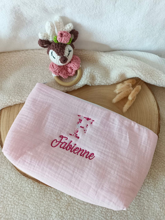 Trousse en gaze de coton rose - personnalisable -