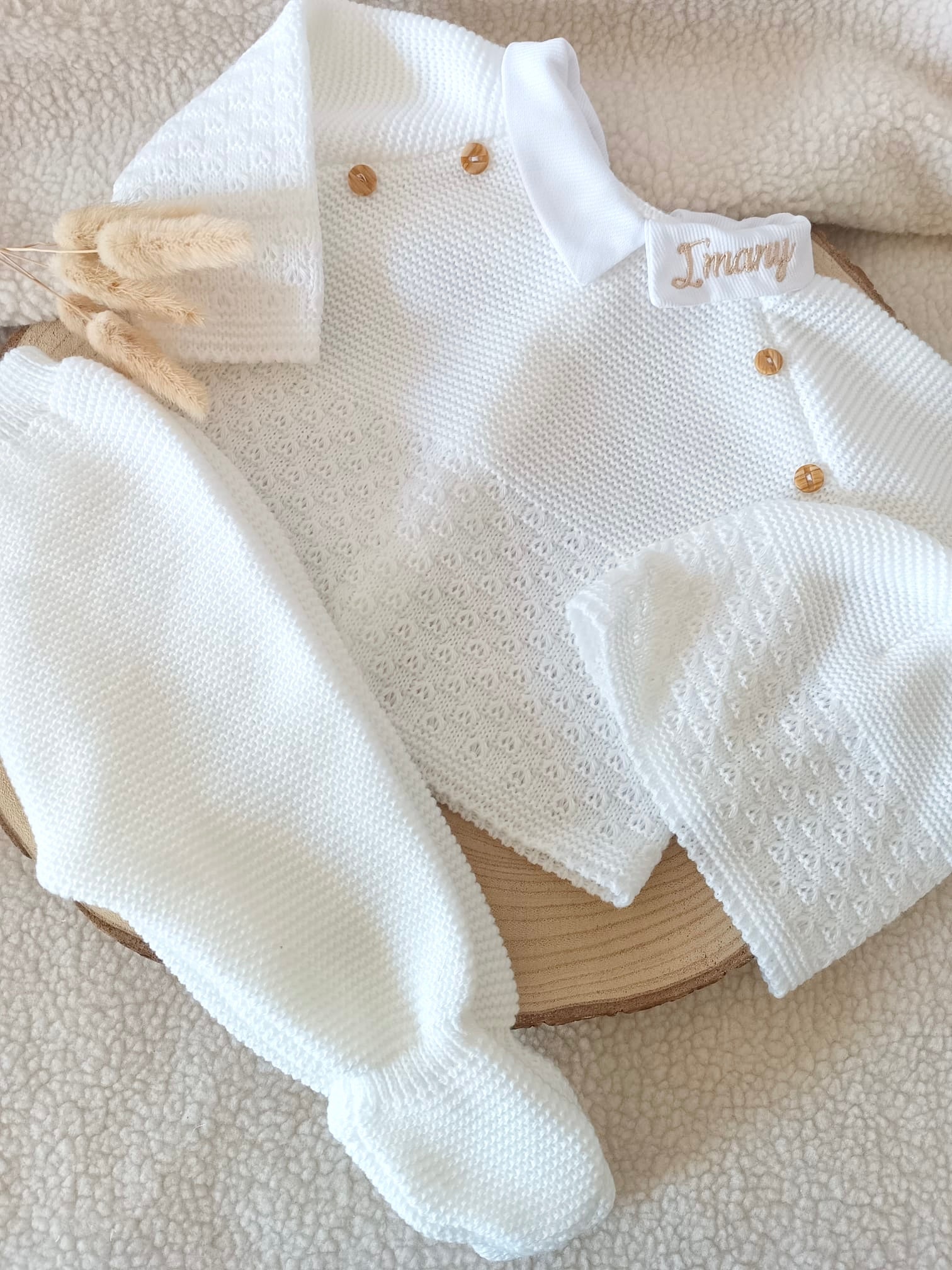 Ensemble complet naissance blanc 0/3 mois avec boutons bois